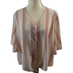 LUSH Women's Large Pink Striped Blouse Buttons Tie Hem Flowy